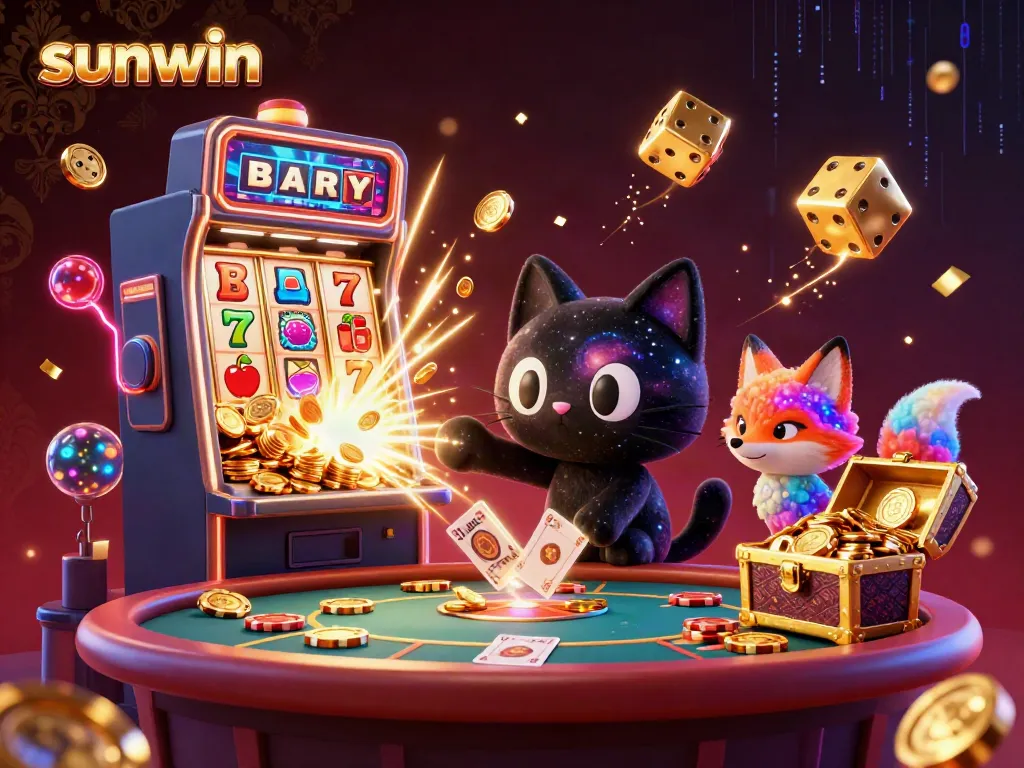Capture the excitement of sunwin gaming with a cosmic casino scene, featuring a black hole cat and a colorful fox.