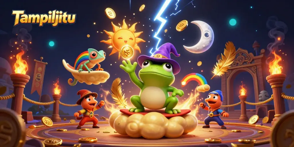 Tampiljitu's vibrant casino illustration with a wizard frog and a rainbow chameleon amidst a storm of golden coins.