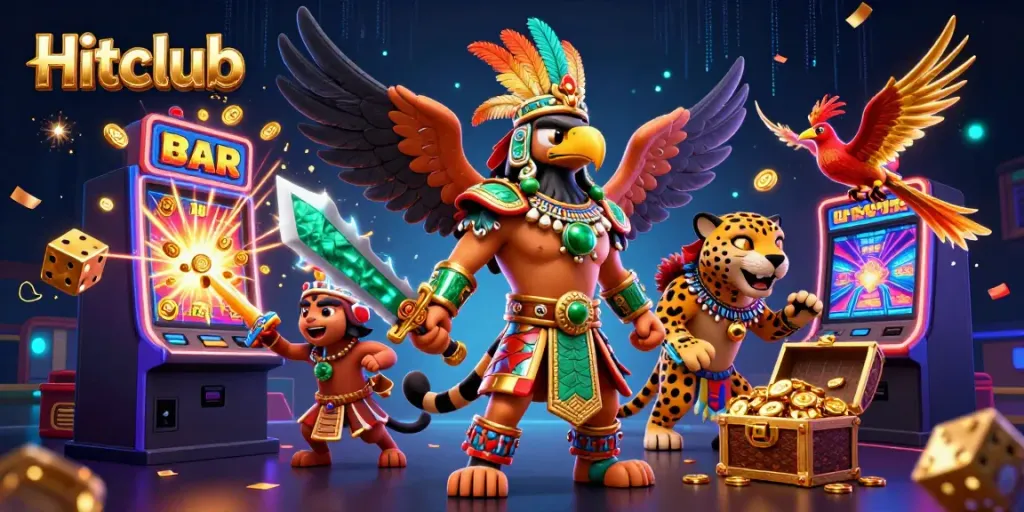 Hitclub features vibrant 3D characters celebrating casino jackpots, highlighting gaming excitement and fun.