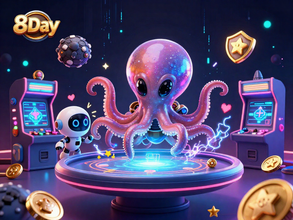 Experience thrilling poker action with the vibrant 8Day casino scene featuring an alien octopus.