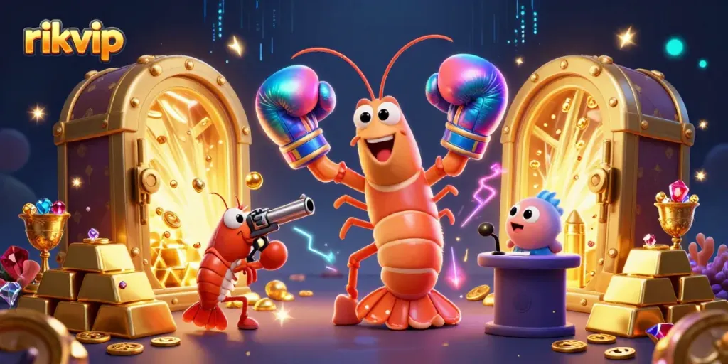 Experience the thrill of gaming at rikvip with vibrant 3D characters and treasures bursting from a vault.