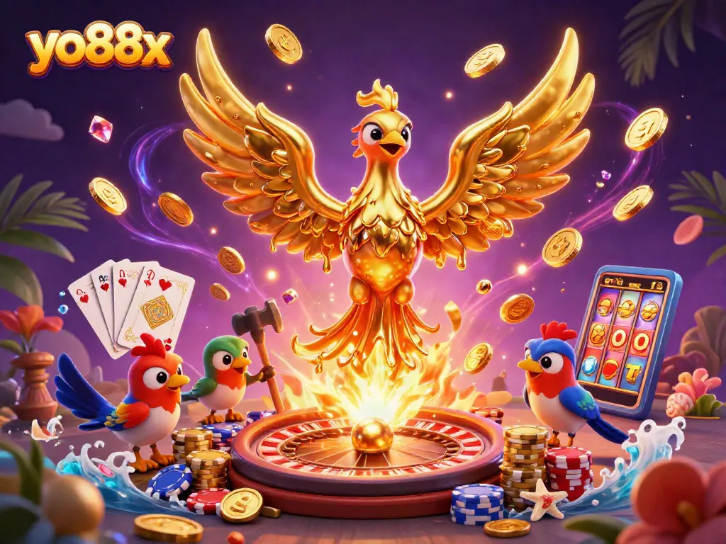 Experience the thrill of winning at yo88x with a dazzling vault of golden symbols and vibrant casino elements