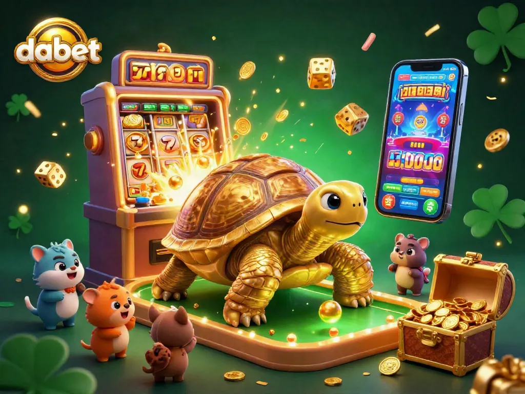 Dabet casino game characters play in a vibrant scene filled with jackpots and slot machines.