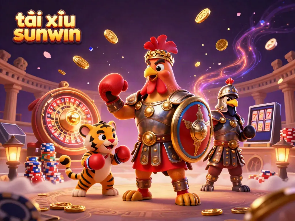 Engage in tài xỉu sunwin with a dynamic 3D scene featuring a rooster hero in a Roman arena.