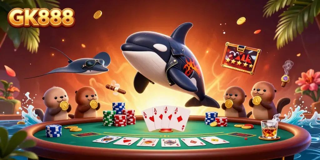 Experience thrilling poker action with GK888 showcasing vibrant characters and dynamic casino elements.