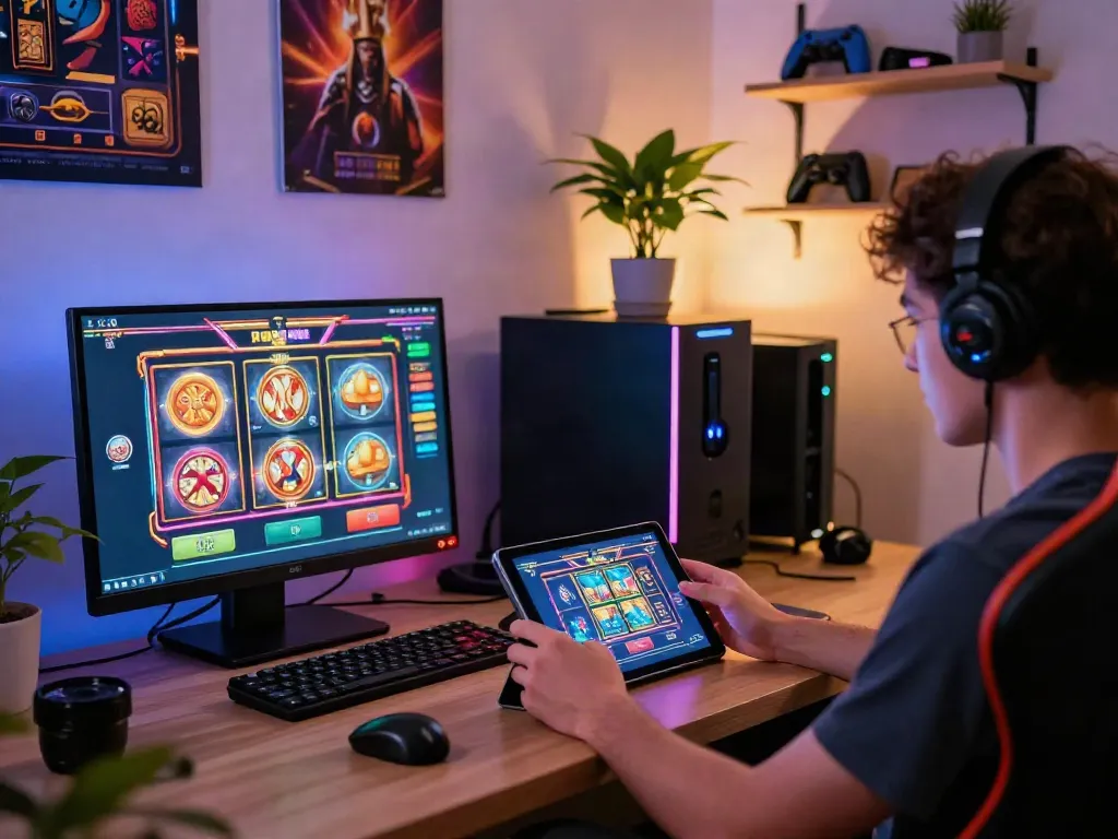 Player enjoying link slot gacor on a modern tablet in a vibrant gaming room.