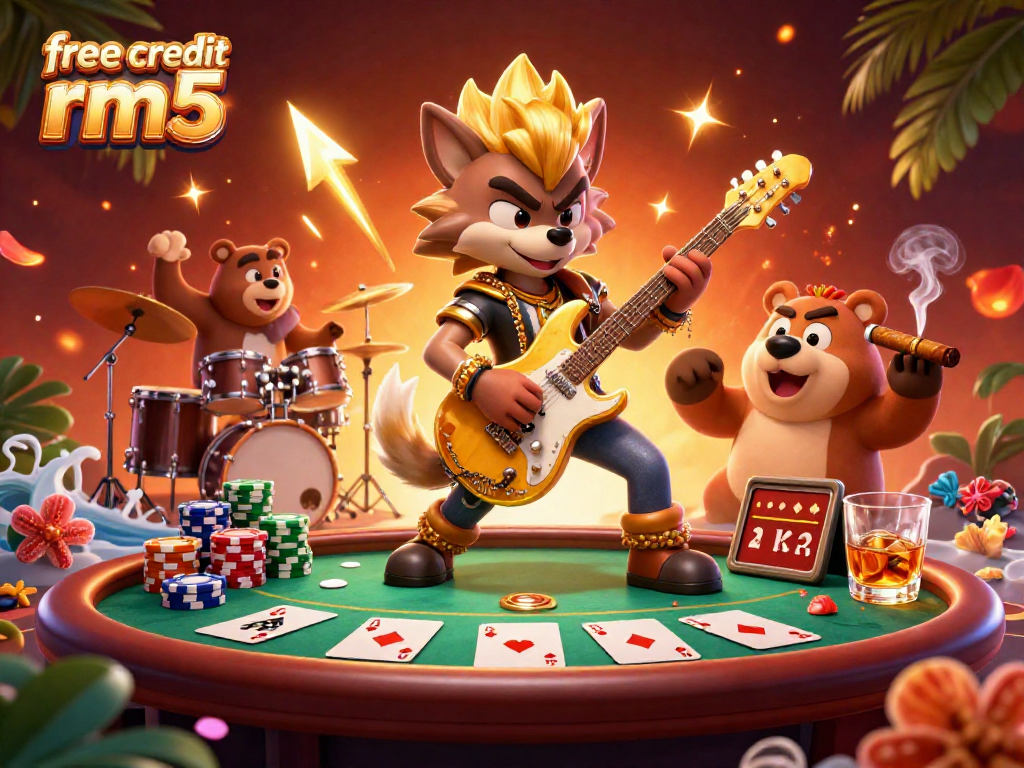 Experience the excitement of casino action with the dynamic free credit rm5 promotional illustration full of poker elements and vibrant characters.