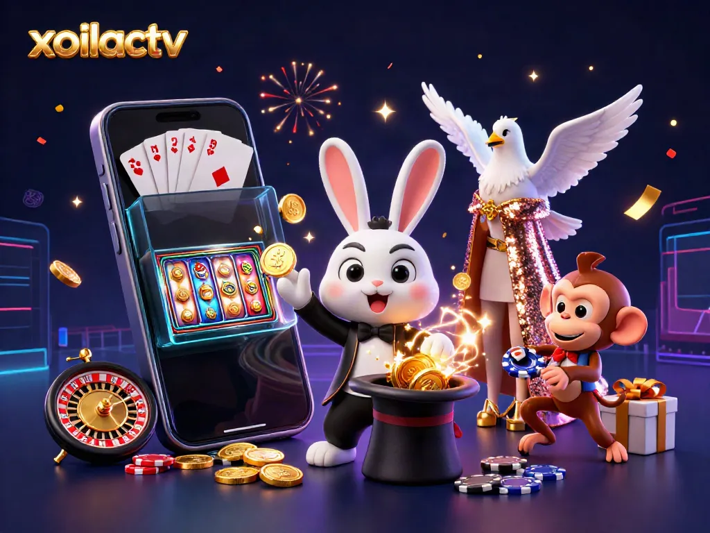 Experience thrilling gameplay with xoilactv featuring a magical rabbit, sparkling coins, and dynamic casino elements.