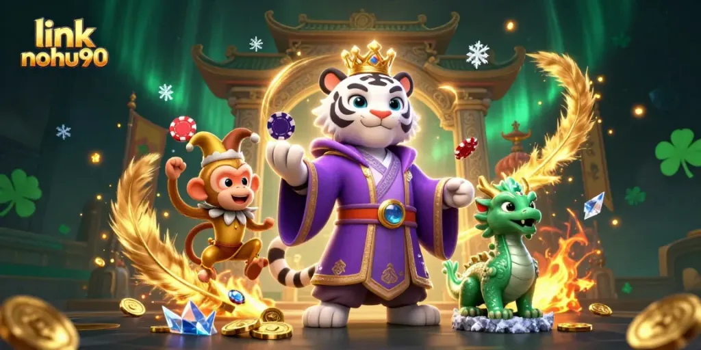 Experience thrilling action at link nohu90 with a majestic tiger, monkey, and interactive game elements
