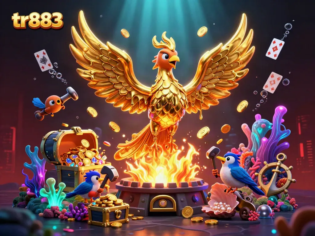 Experience thrilling tr883 casino gameplay with a golden phoenix and shimmering treasures.