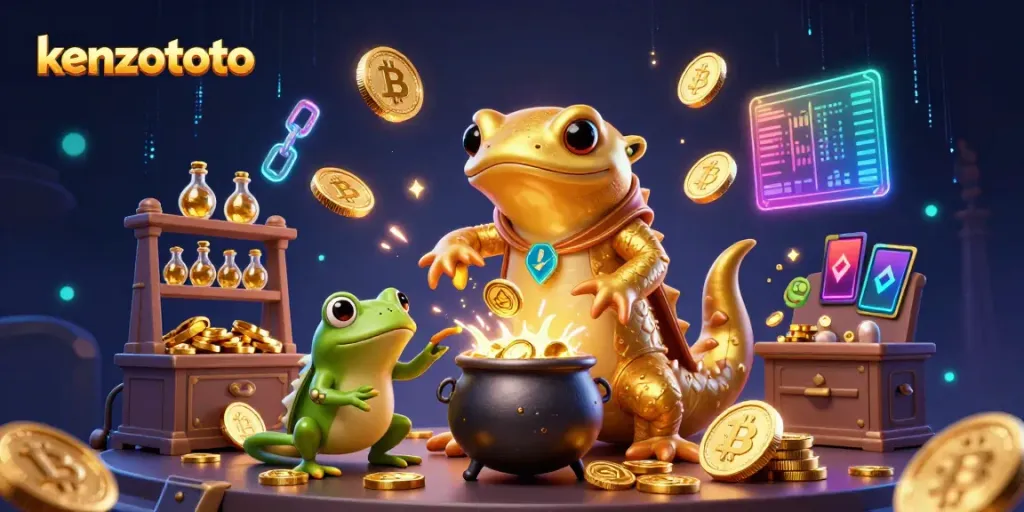 Experience the kenzototo magic with a vibrant scene of a golden alchemist transforming base metals into gold coins.