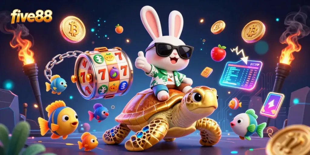 Experience thrilling gaming with five88, lucky rabbit on golden turtle among vibrant slot elements.