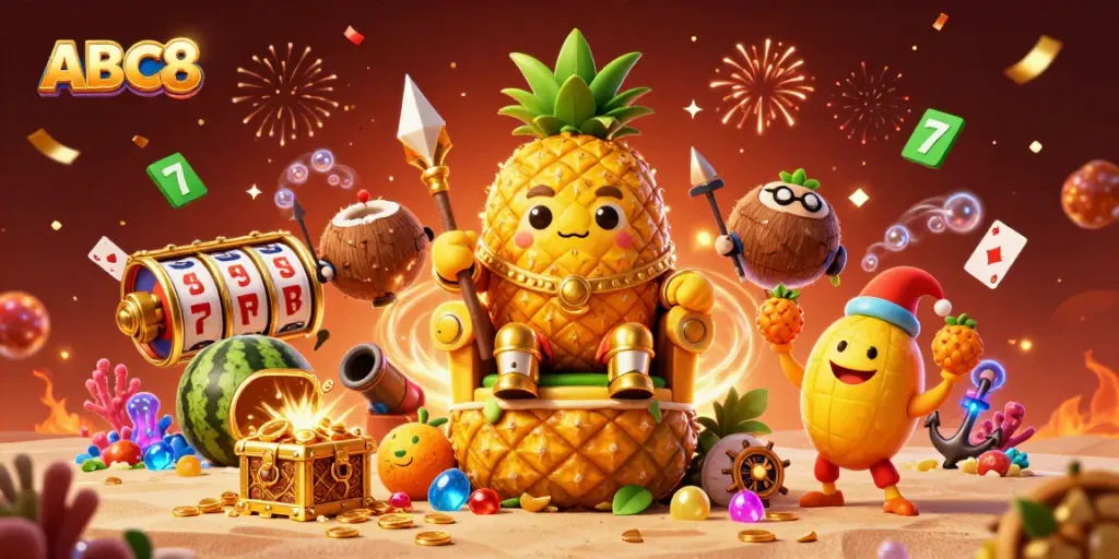 Experience excitement at ABC8 with a 3D illustration showcasing a vibrant beach casino with a golden pineapple king and game elements.