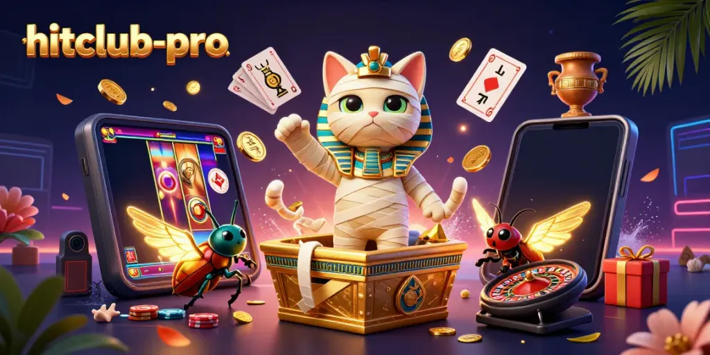 Engage in gaming excitement with the hitclub-pro Egyptian mummy cat in a dynamic casino scene.