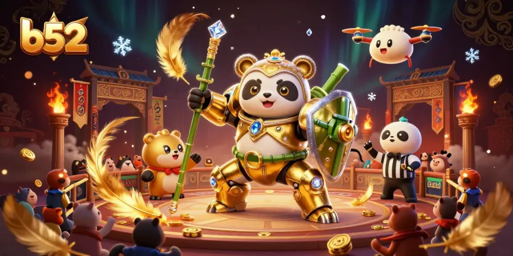Play exciting games at b52 featuring a golden panda piloting a robot in a vibrant casino