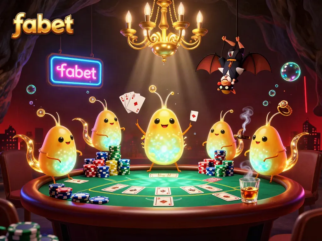 Experience fabet's vibrant casino atmosphere with illuminated glowworms and poker elements.