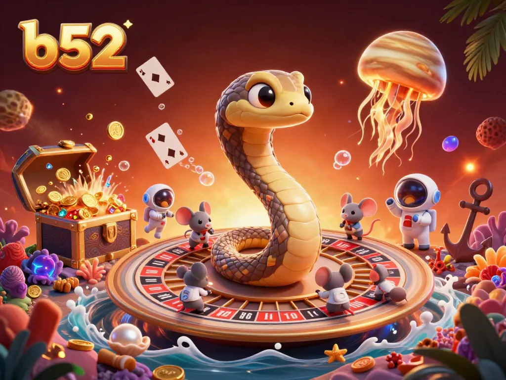 Bet on the cosmic roulette with b52 at vibrant casino scene featuring astronaut mice and a jellyfish dealer.