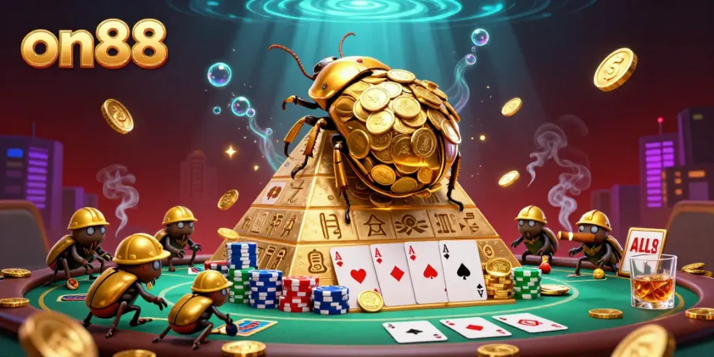 Experience the excitement of on88 with a cartoon golden dung beetle rolling golden coins amidst vibrant casino elements.