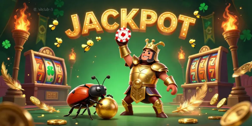 Hitclub-3's illustrated scene showcases a victorious beetle, poker chip, and jackpot celebration in a dynamic casino setting.