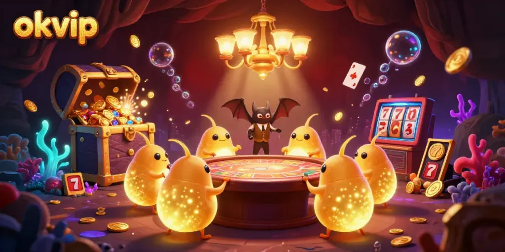Engage with okvip's vibrant gambling scene as glowworms illuminate a cave casino filled with treasure.