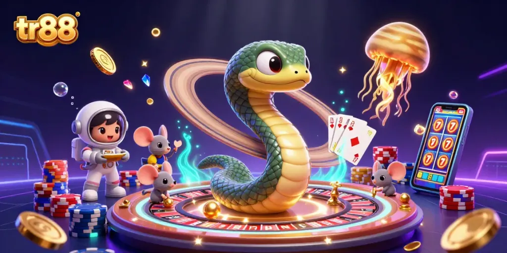 Bet using the tr88 platform with astronauts and cosmic dealer in a vibrant casino scene.