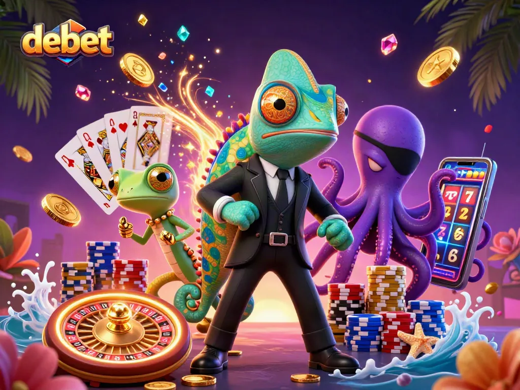 Join the excitement of debet gaming with vibrant 3D characters amidst cascading coins and dynamic casino elements.