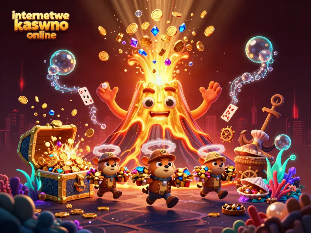 Experience the thrill of internetowe kasyno online with vibrant 3D illustration of a golden volcano erupting treasures.