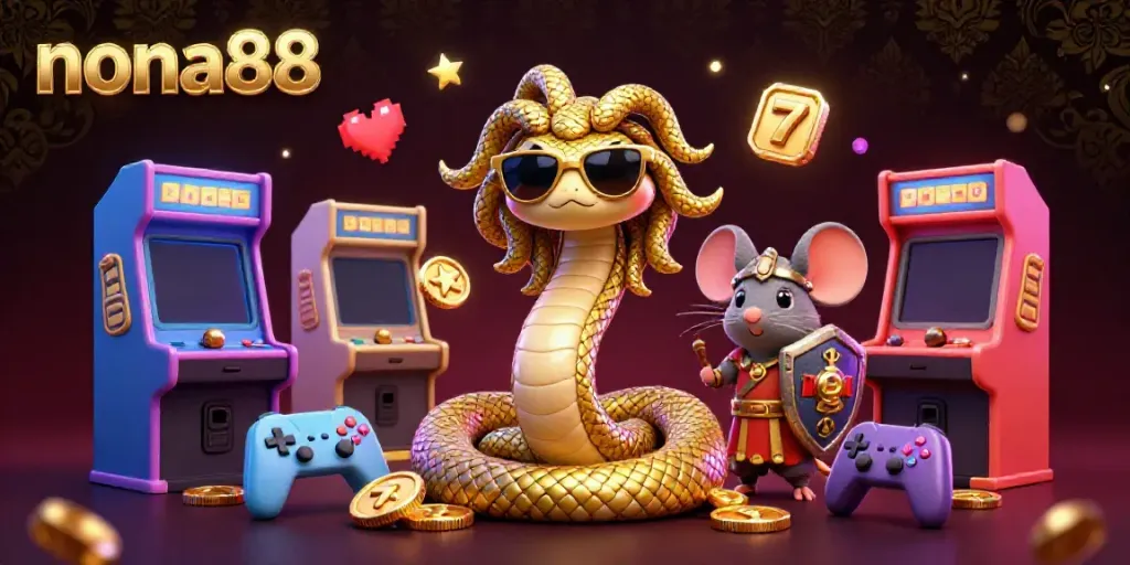 Ilustrasi 3D nona88 dengan Medusa ramah dikelilingi mesin permainan berwarna-warni dan elemen kasino.