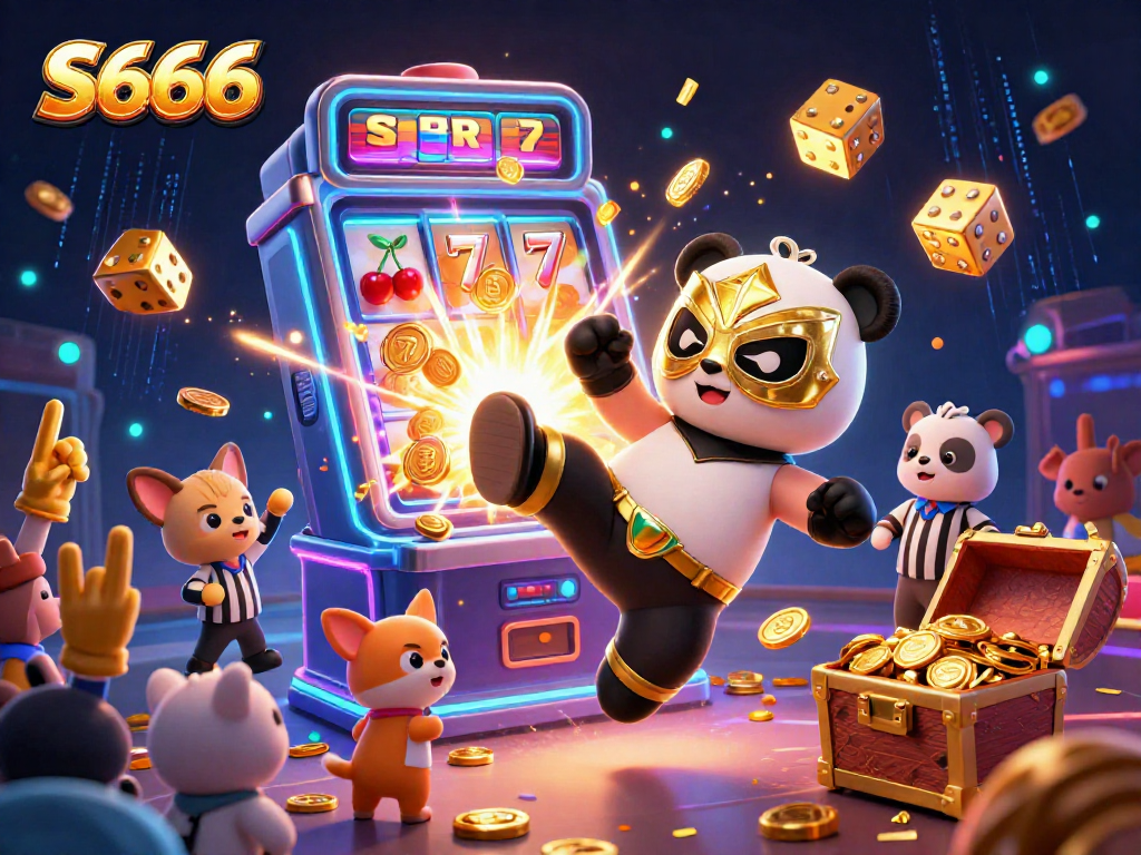 S666 players enjoying exciting casino games with a lively illustration featuring a panda wrestler and jackpot symbols.