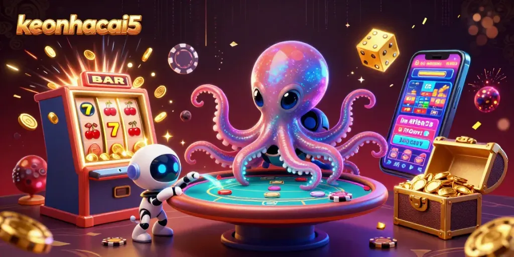 Engage with keonhacai5 as the alien octopus operates a futuristic poker table in a vibrant casino scene.