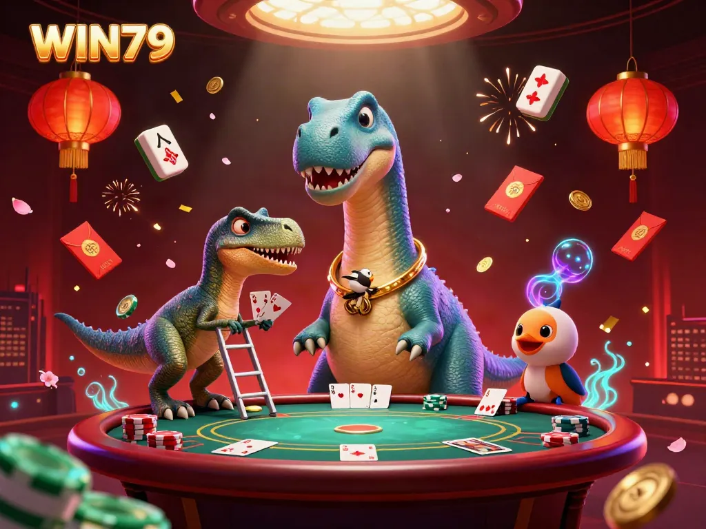 Engage with WIN79 in a vibrant 3D casino scene featuring animated characters and poker elements.