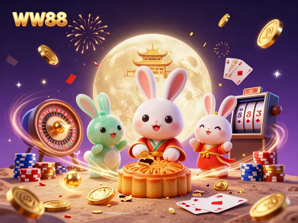 Engage in exciting gaming at WW88, where the joyful moon rabbit unveils poker chips amidst cascading riches.