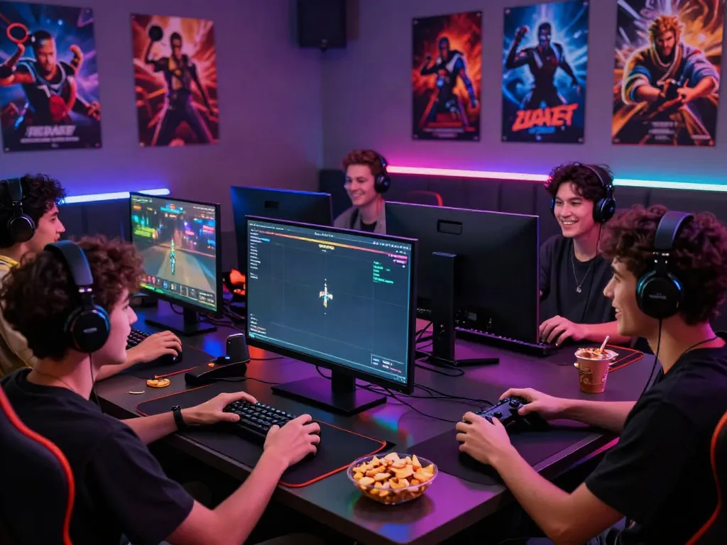 Friends enjoying multiplayer games on the KILAT404 platform in a vibrant gaming lounge.