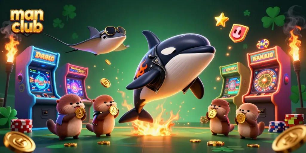 Engage in thrilling man club gaming with orca and stingray, surrounded by gold coins and casino elements.