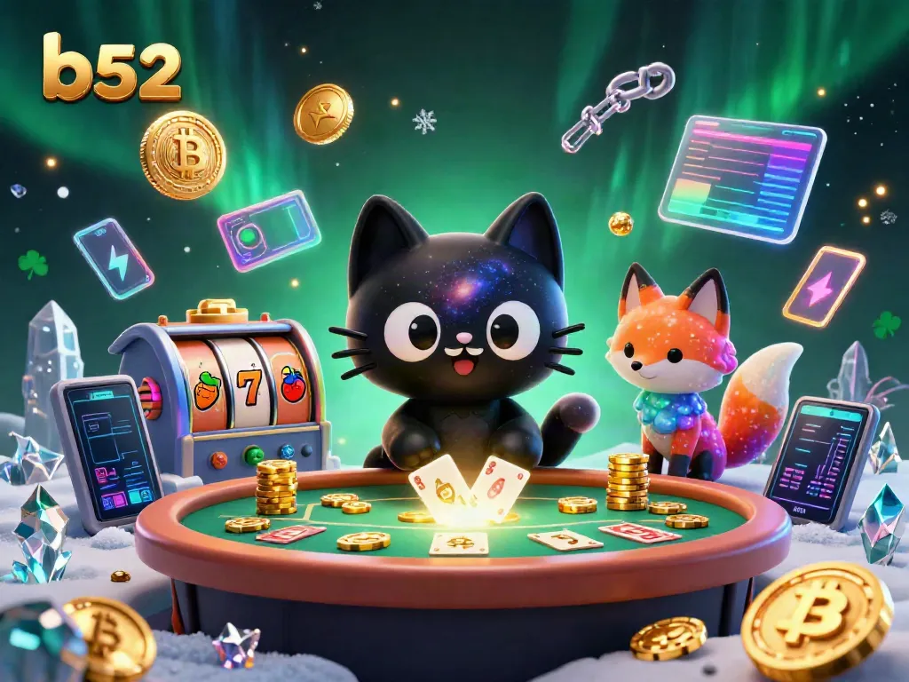 Experience thrilling gameplay at B52 with a cosmic casino scene featuring a black hole cat and galaxy-furred fox.