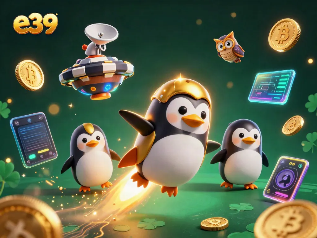 Engage in e39 casino excitement with a golden rocket-powered penguin soaring towards a poker chip space station.