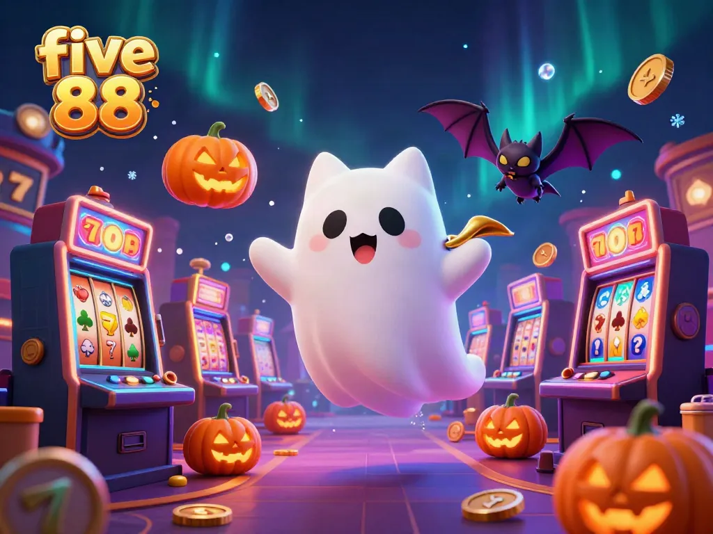 Experience the vibrant magic of five 88 in a playful casino scene with a ghost cat and friends.