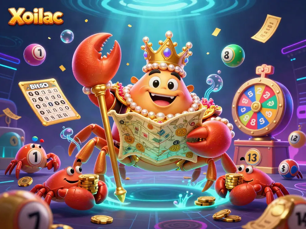 Xoilac showcases a vibrant 3D casino scene with a golden crab emperor representing luck and casino excitement.