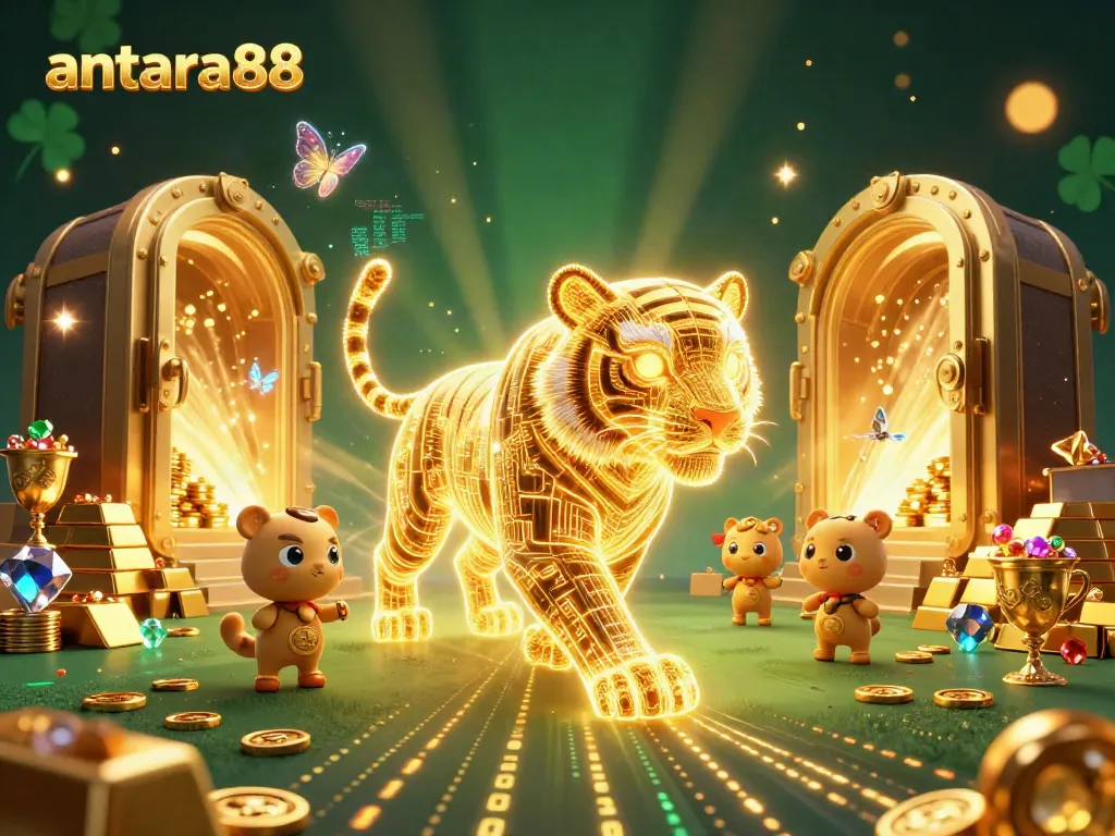 Experience the excitement of antara88 with a neon-wireframe golden tiger in a vibrant casino scene.