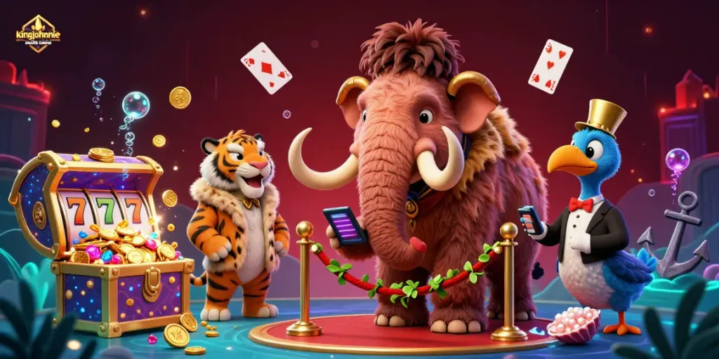 Experience the excitement at kingjohnnie mobile casino with a vibrant scene featuring unique casino characters and gaming elements.