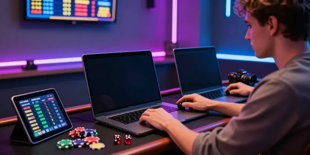 Dynamic online gaming scene illustrating an individual playing situs gacor slot games in a stylish room, creating an engaging atmosphere.