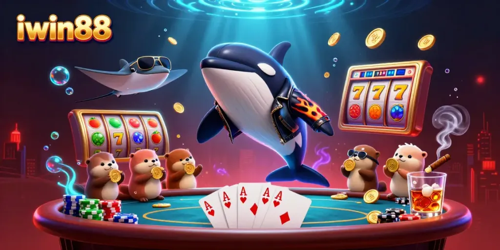 Experience thrilling gaming action with iwin88 in this vibrant underwater casino scene featuring unique characters.