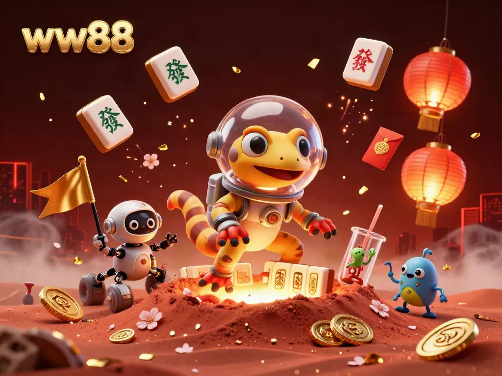 Cheer with the Martian gecko at the golden casino in the vibrant ww88 gaming universe, filled with action.