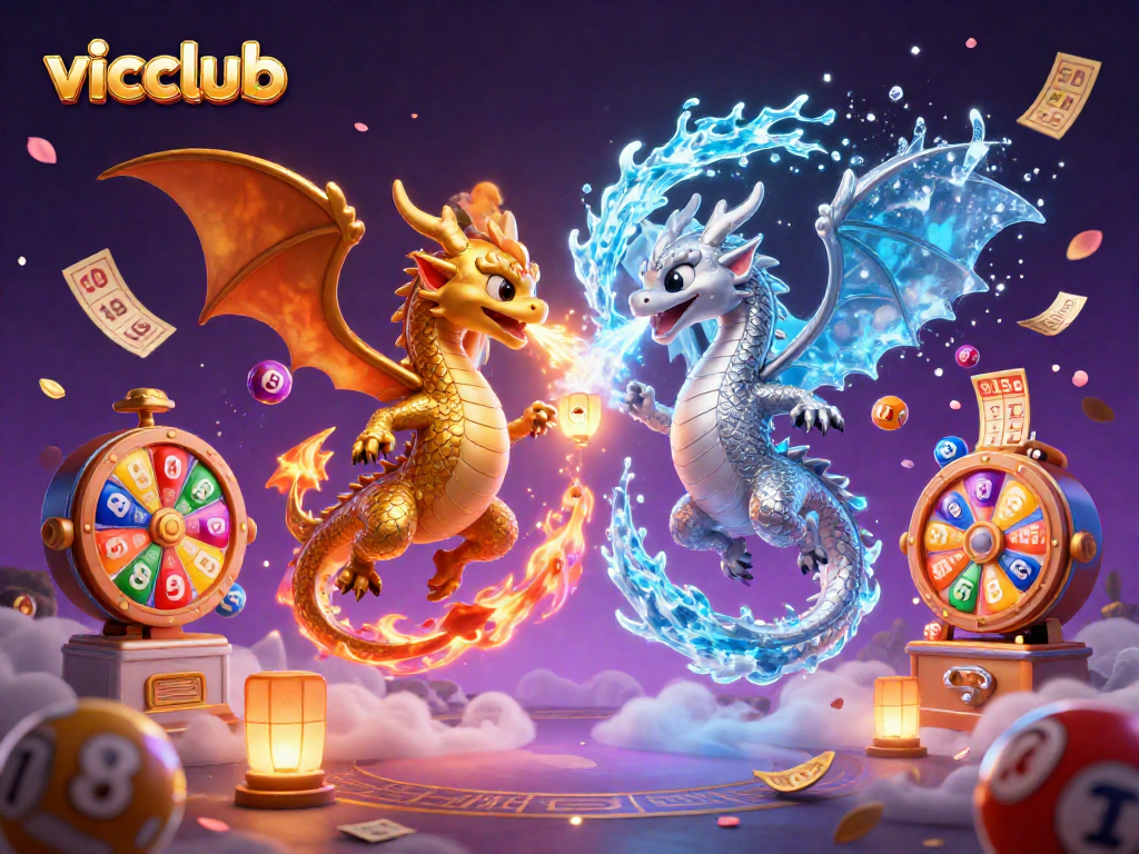 Experience thrilling gameplay at vicclub with colorful dragons amidst lottery balls and prize elements.