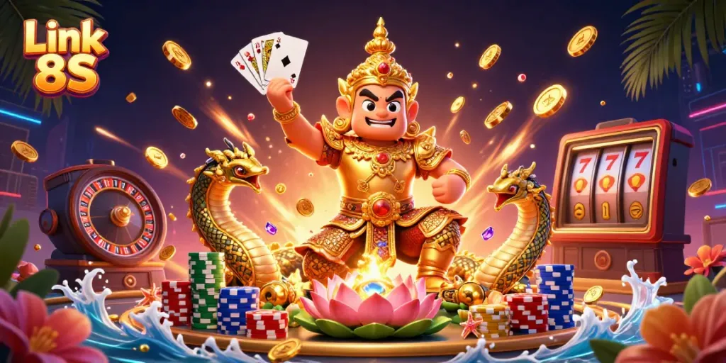 Engage with Link 8S as vibrant casino elements and characters create a dynamic gaming scene filled with excitement.