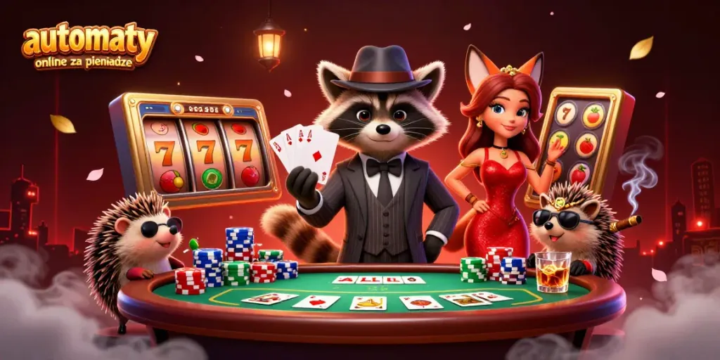 Play thrilling automaty online za pieniadze with a suave raccoon and stylish fox, showcasing rich casino elements.