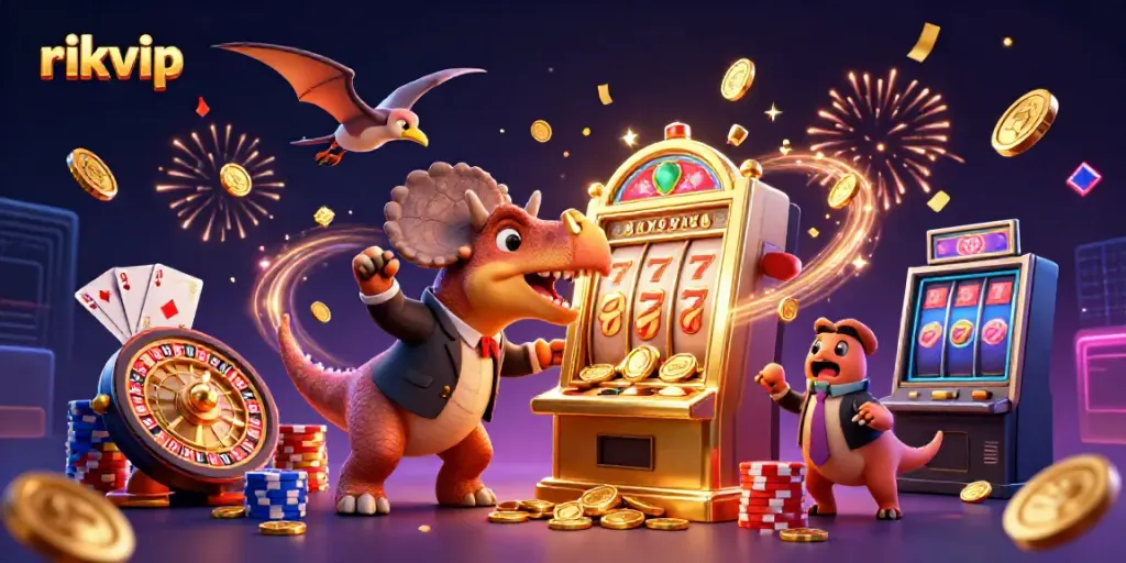 Rikvip features a pachycephalosaurus hitting a slot machine jackpot amidst a vibrant casino scene.