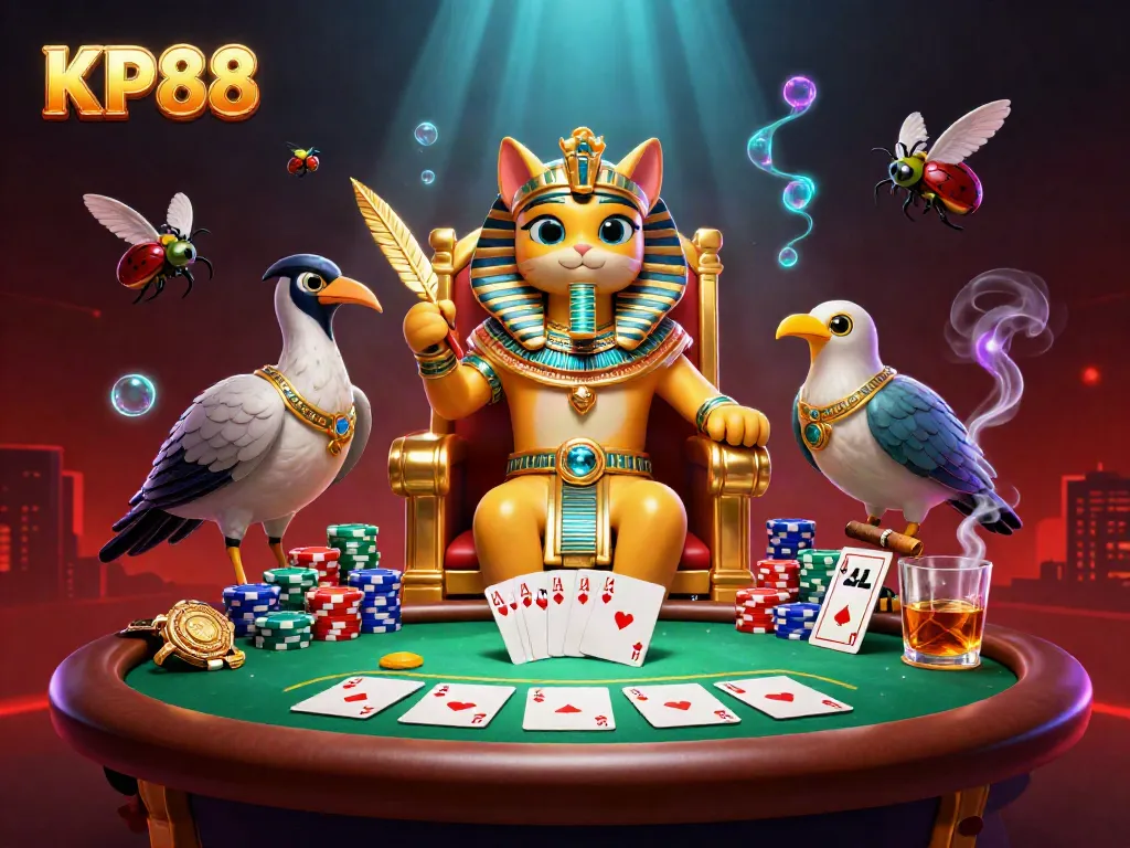 Engage in high-stakes poker with KP88, featuring royal Egyptian cat and vibrant casino elements.