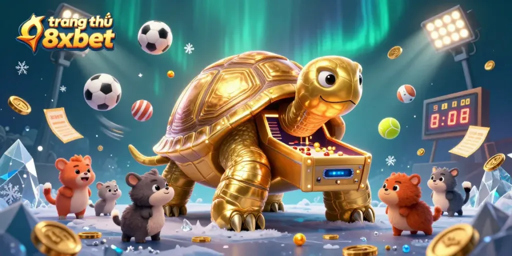 Betting fun with a colossal golden tortoise at trang chủ 8xbet, showcasing a vibrant casino scene.