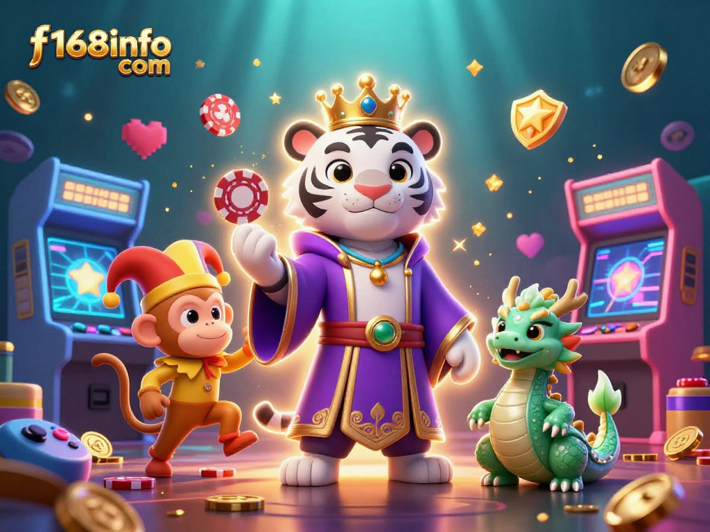 Spin to win with f168info com in this vibrant, dynamic casino illustration featuring animated characters and gaming elements.